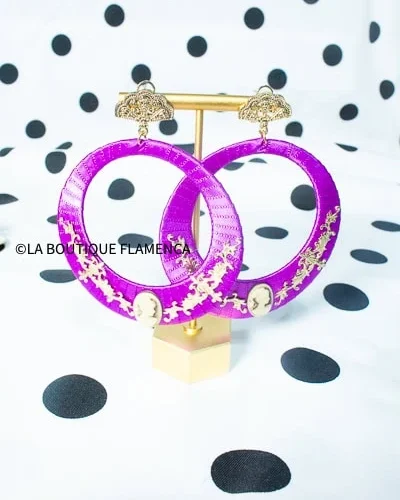 Pendientes aro con filigrana y abanico morado