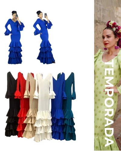 LBF Traje de flamenca lycra de cuatro volantes rectos. Tallas XS A XXL