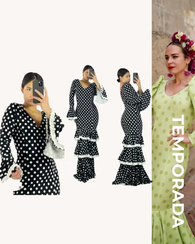 LBF Traje de flamenca de tres volantes con garrucha. Tallas xs a xxl
