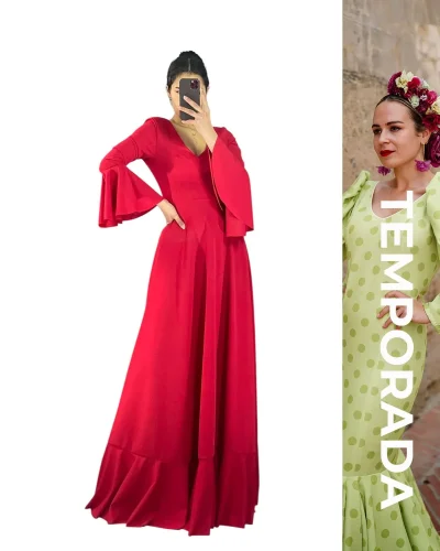 LBF Traje de flamenca bata lisa corte bajo pecho. Tallas xs a xxl
