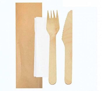 Set Tenedor + Cuchillo Madera y Servilleta (100 uds)